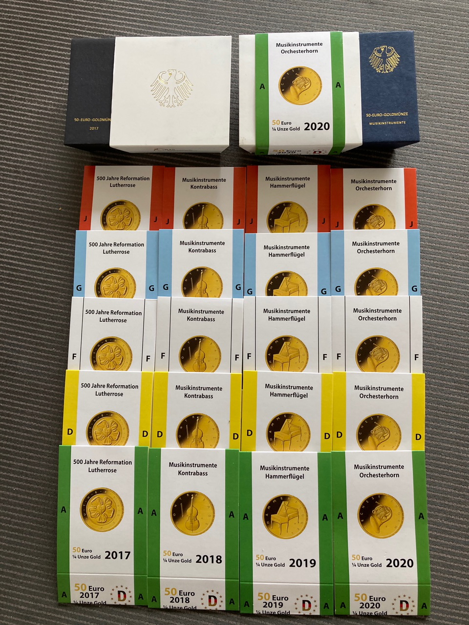 20 x Gold Euro Schuber (50 Euro Gold-Münzenschuber 2017-2020 ADFGJ)